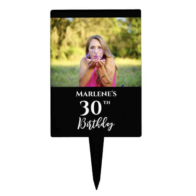Personalized Your Photo in Black Frame with Texts Cake Topper (Front)