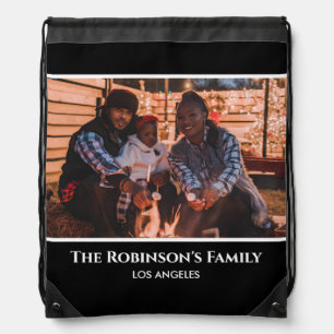 Personalized Your Photo in Black Frame with Texts Drawstring Bag