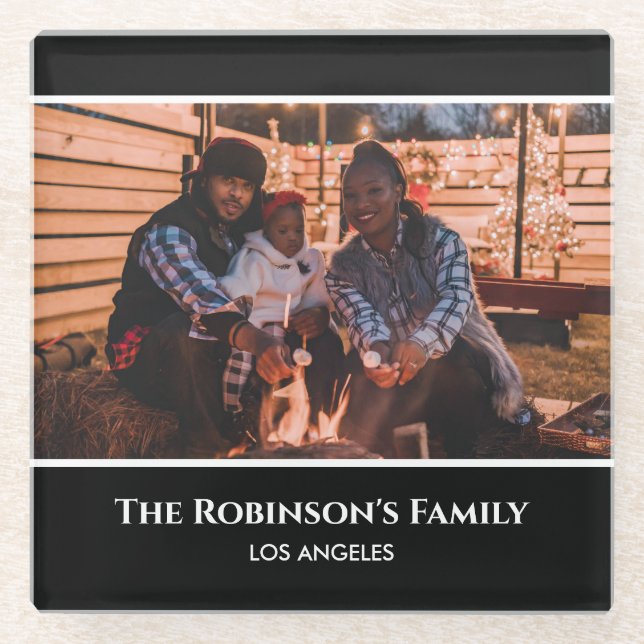 Personalized Your Photo in Black Frame with Texts Glass Coaster (Front)