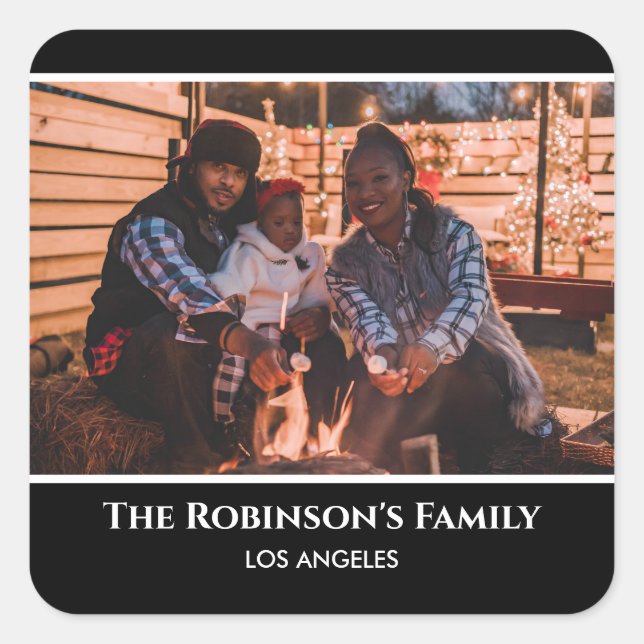 Personalized Your Photo in Black Frame with Texts Square Sticker (Front)