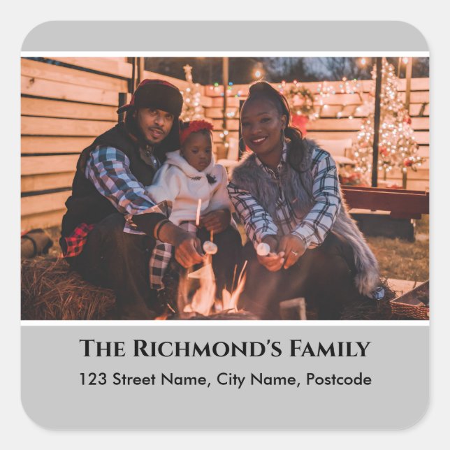 Personalized Your Photo in Gray Frame with Address Square Sticker (Front)