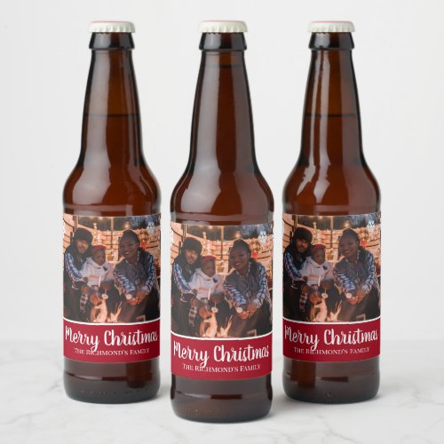 Personalized Your Photo in Red Frame Snowflakes Beer Bottle Label