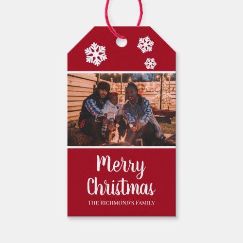 Personalized Your Photo in Red Frame Snowflakes Gift Tags