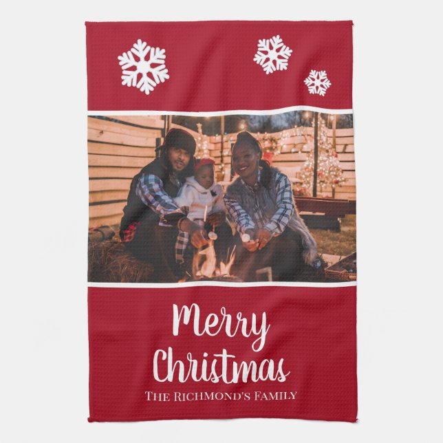 Personalized Your Photo in Red Frame Snowflakes Kitchen Towel (Vertical)