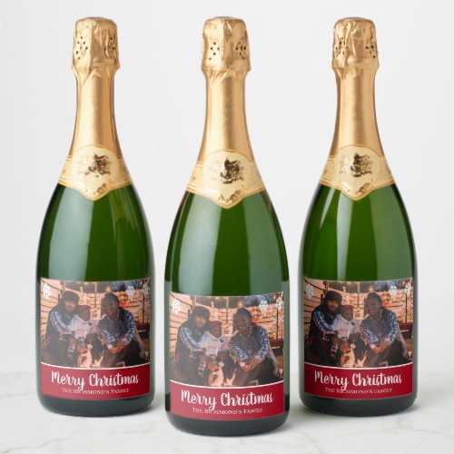 Personalized Your Photo in Red Frame Snowflakes Sparkling Wine Label