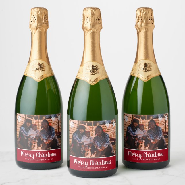 Personalized Your Photo in Red Frame Snowflakes Sparkling Wine Label (Bottles)