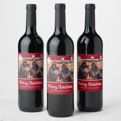 Personalized Your Photo in Red Frame Snowflakes Wine Label