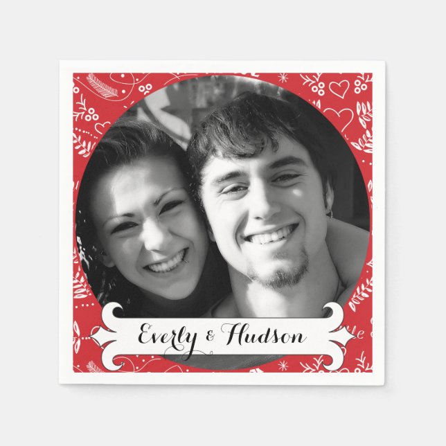 Personalized Your Photo Red Garland Floral Wedding Paper Napkins (Front)