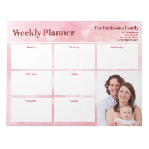 Personalized Your Photo Weekly Planner Pink Hearts Notepad