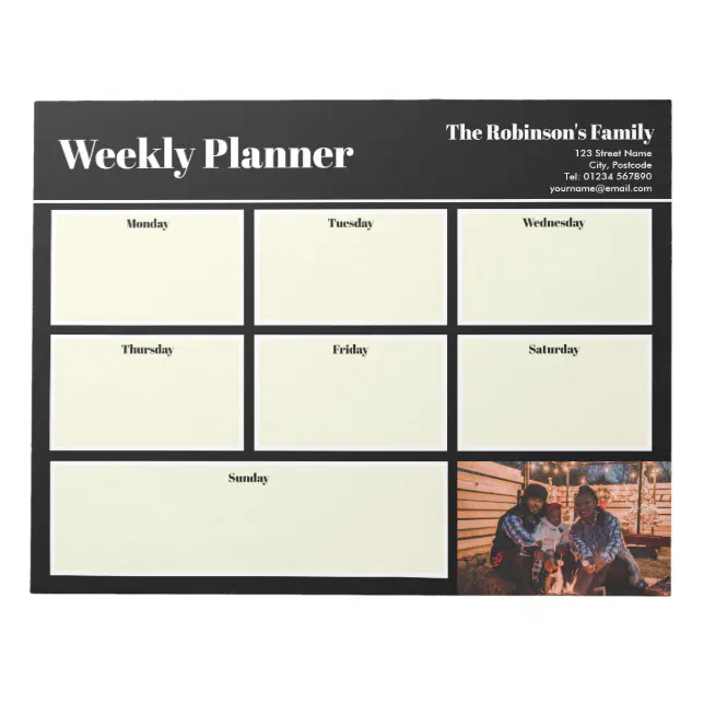 Personalized Your Photo Weekly Planner Plain Black Notepad | Zazzle