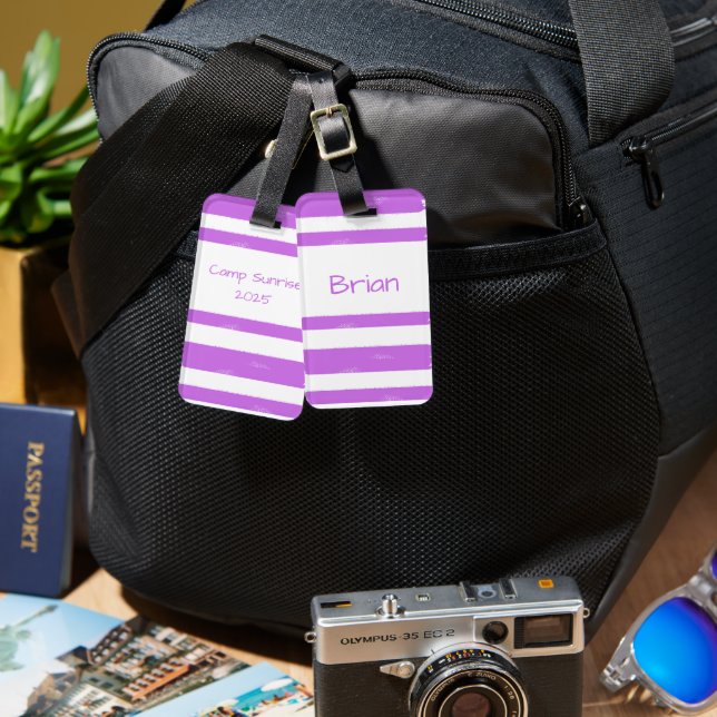 Personalized Youth Camp Purple Stripe Luggage Tag (Front & Back)