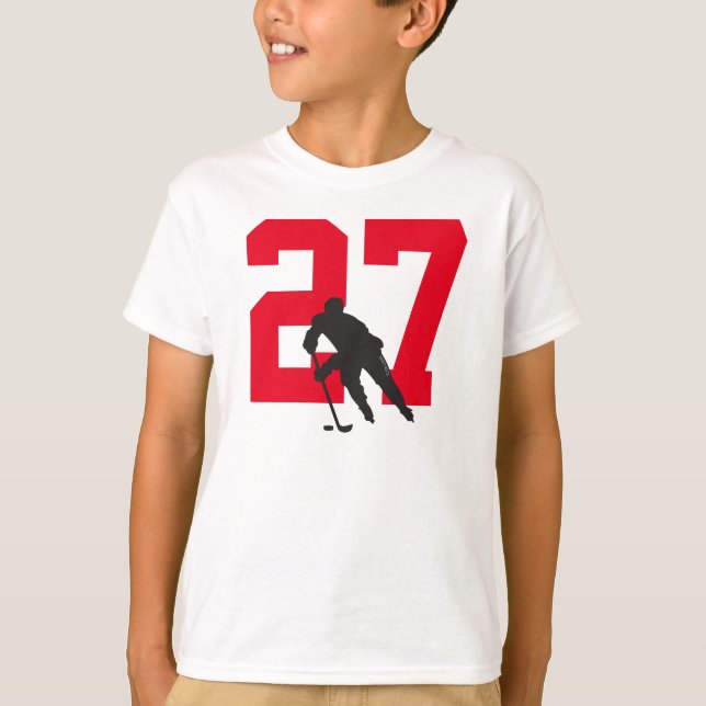 Personalized Youth Hockey Player Number Red Black T-Shirt (Front)