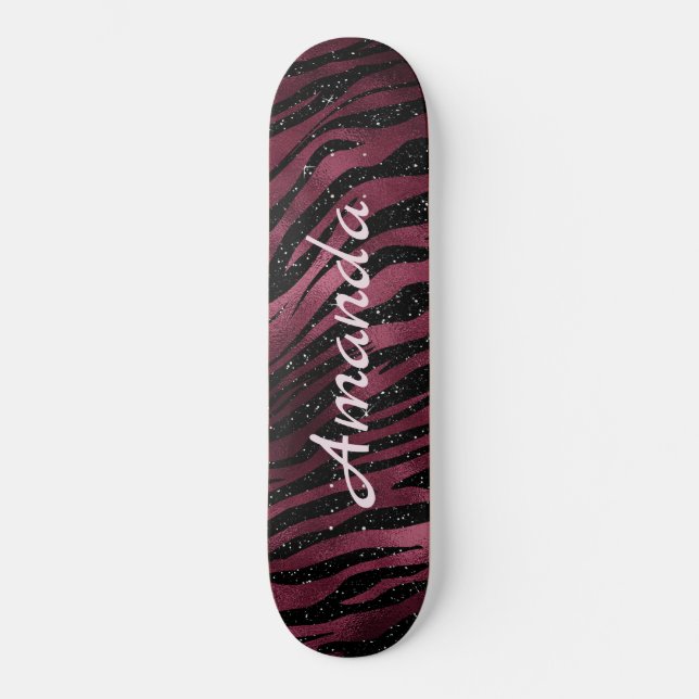 Personalized Zebra Black & Burgundy Glitter Skateboard (Front)