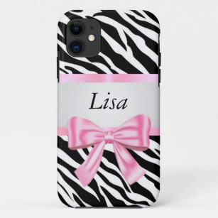 Personalized Zebra Pattern Pink Bow iPhone 11 Case