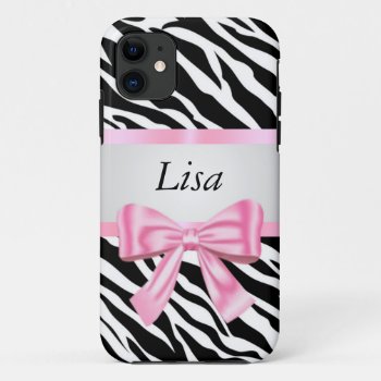 Personalized Zebra Pattern Pink Bow Iphone 11 Case by atteestude at Zazzle