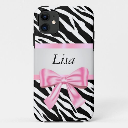 Personalized Zebra Pattern Pink Bow iPhone 11 Case