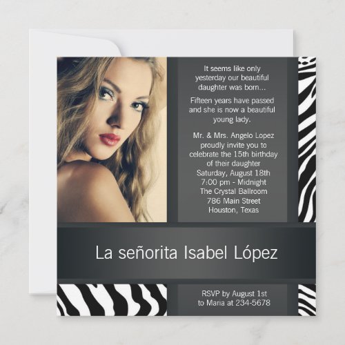 Personalized Zebra Photo Quinceanera Invitations