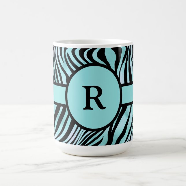 Personalized Zebra Print Black and Teal Turquoise Coffee Mug (Center)