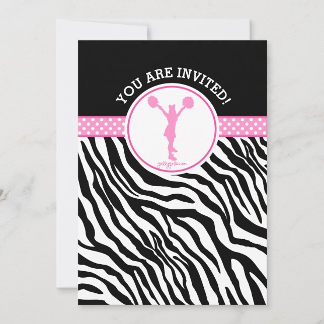 Personalized Zebra Print Cheer or Pom in Pink Invitation (Front)