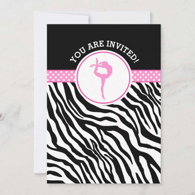 Personalized Zebra Print Gymnastics in Pink Invitation (Front)