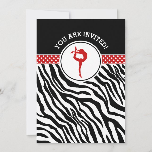 Personalized Zebra Print Gymnastics in Red Invitation (Front)