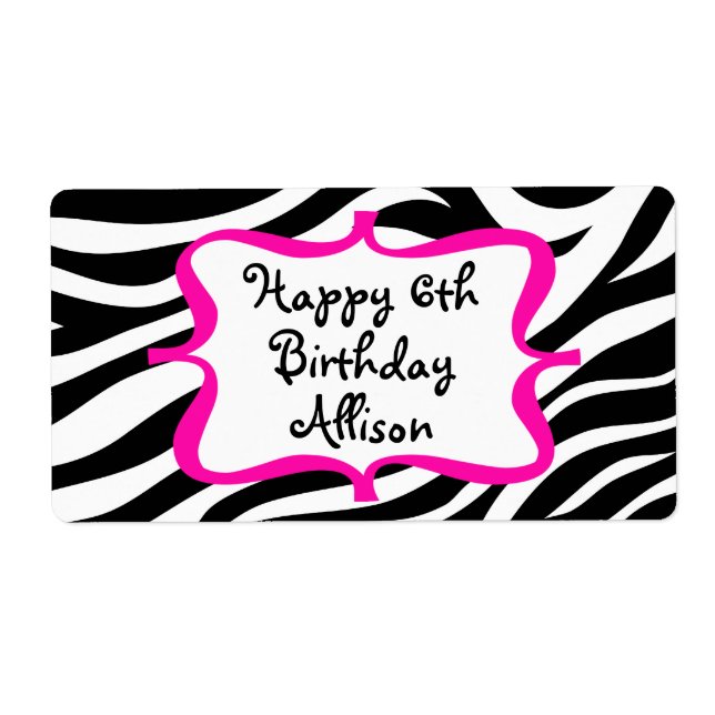Personalized Zebra Print Pink Water Bottle Label (Front)