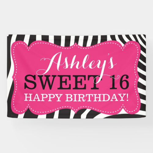 Personalized Zebra Print Sweet 16 Birthday Banner
