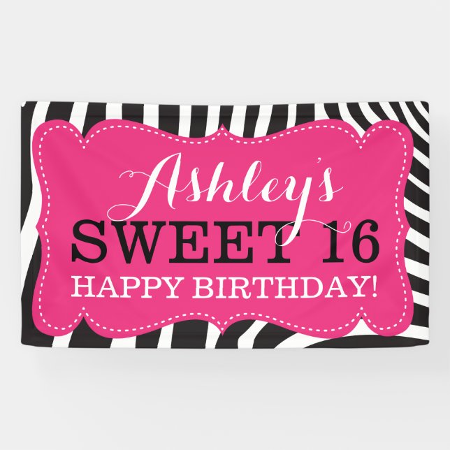 Personalized Zebra Print Sweet 16 Birthday Banner (Horizontal)