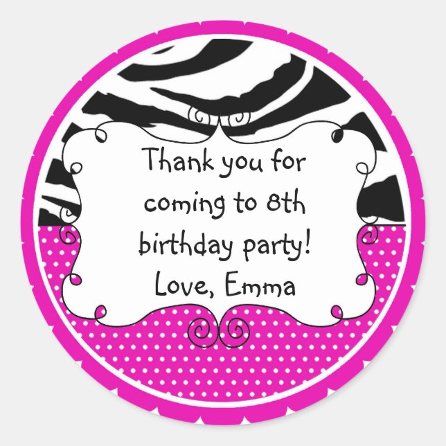 Personalized Zebra Stripes and Pink Polka Dots Classic Round Sticker (Front)