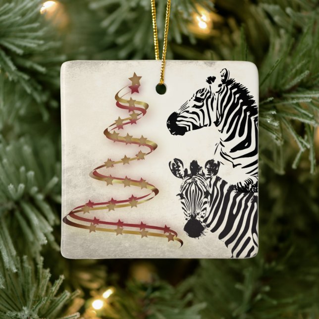 Personalized Zebras and Ribbon Christmas Trees Ceramic Ornament (Tree)