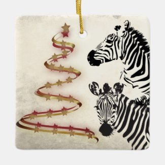 Personalized Zebras and Ribbon Christmas Trees Ceramic Ornament