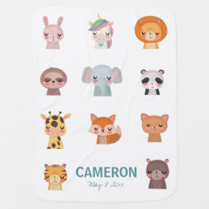 Personalized Zen Kawaii Animal Faces Baby Keepsake Baby Blanket