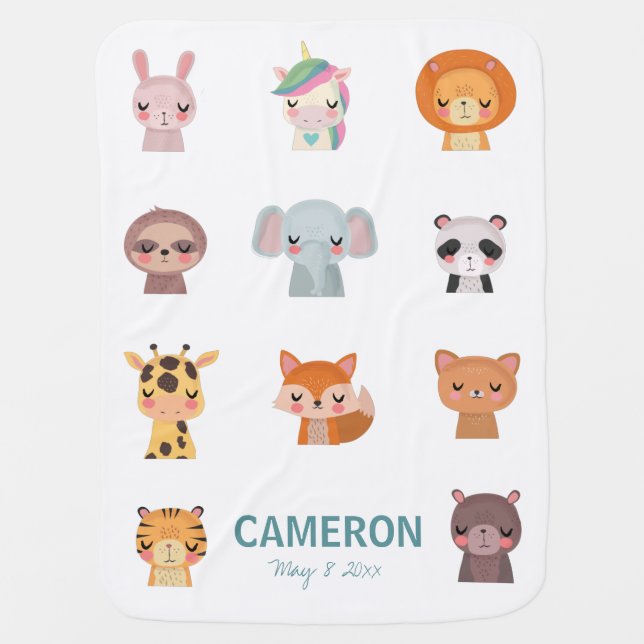 Personalized Zen Kawaii Animal Faces Baby Keepsake Baby Blanket (Front)