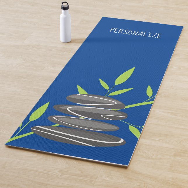 Personalized zen stones and bamboo plant blue yoga mat (In Situ)