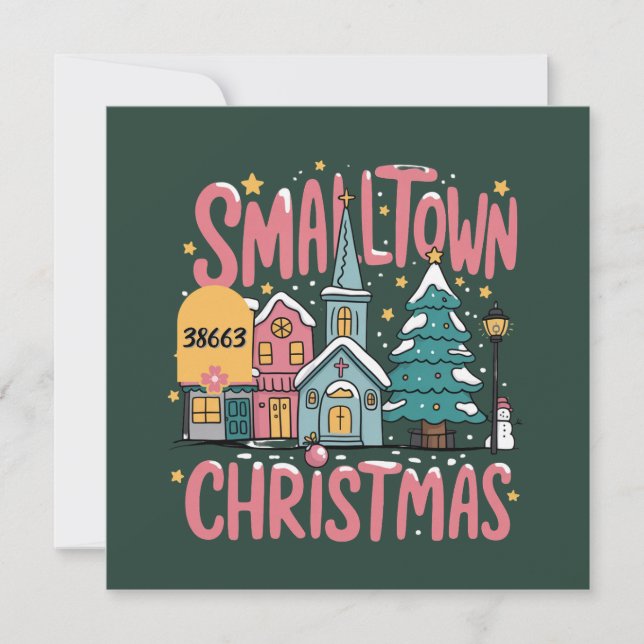 Personalized Zipcode Small Town Christmas Pink  Holiday Card (Front)