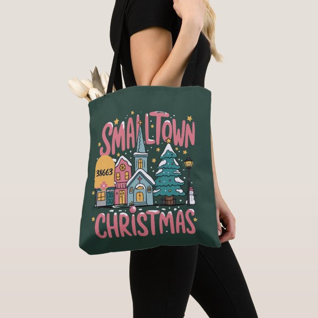 Personalized Zipcode Small Town Christmas Pink  Tote Bag (Close Up)
