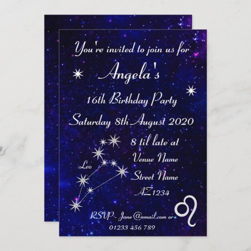 Personalized Zodiac Leo Galaxy Party Invitation