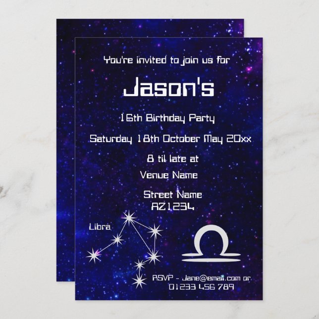Personalized Zodiac Libra Galaxy Party Invitation (Front/Back)