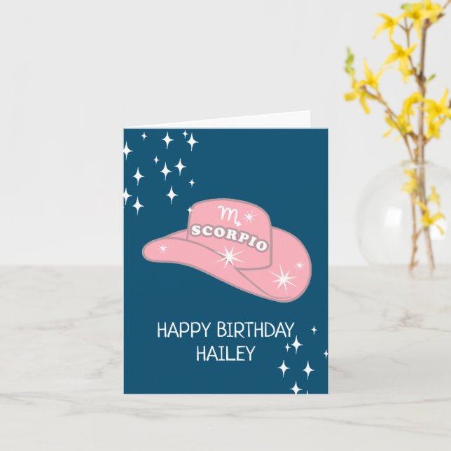 Personalized Zodiac Scorpio Cowgirl Hat Birthday Card (Yellow Flower)