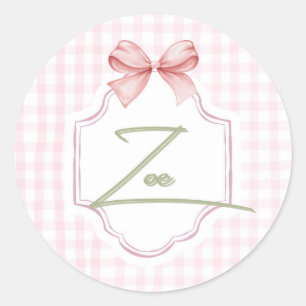 Personalized Zoe Baby Girl Nursery Bow&Gingham Classic Round Sticker