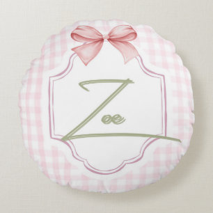 Personalized Zoe Baby Girl Nursery Bow&Gingham  Round Pillow