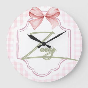 Personalized Zoey Baby Girl Nursery Bow&Gingham Large Clock