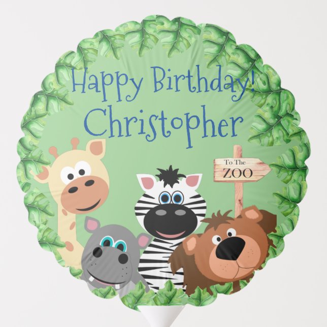 Personalized Zoo Animal Birthday Green Leaf Balloon (Back)