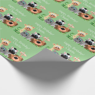 Personalized Zoo Animal Birthday Green Leaf Wrapping Paper