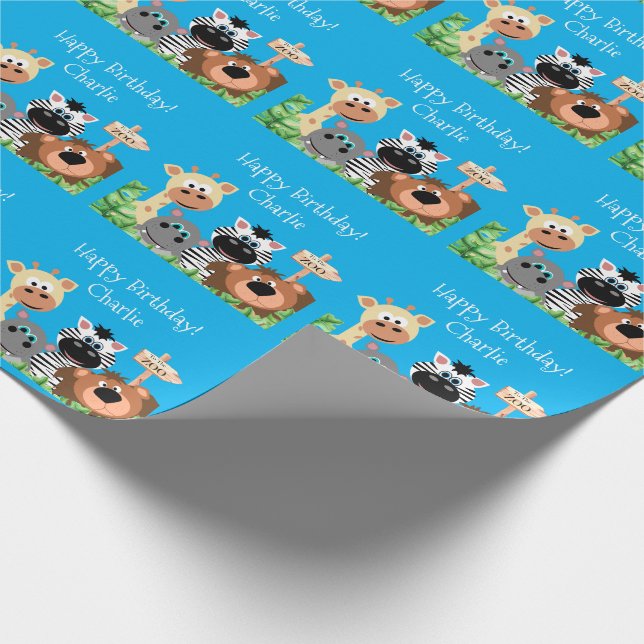 Personalized Zoo Animal Birthday Green Leaf Wrapping Paper (Corner)