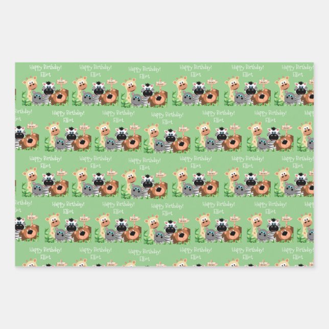 Personalized Zoo Animal Birthday Green Leaf Wrapping Paper Sheets (Front)