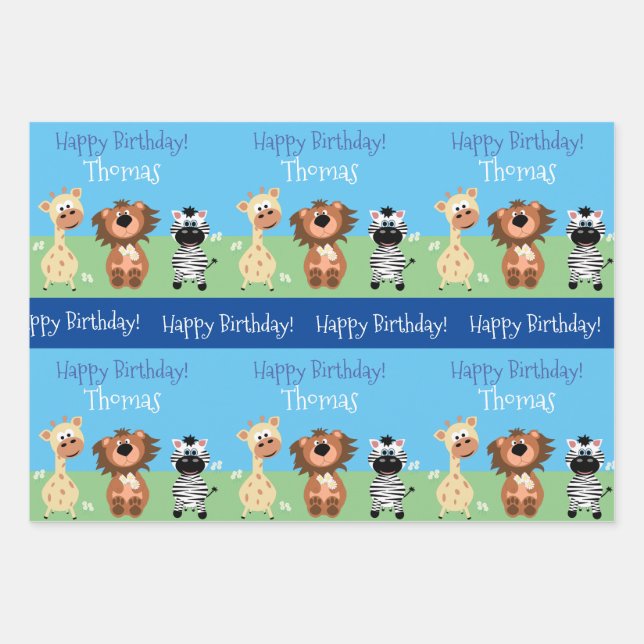 Personalized Zoo Themed Kids Wrapping Paper Sheets (Front)