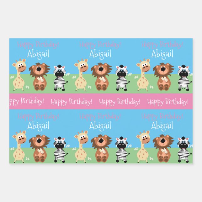 Personalized Zoo Themed Kids Wrapping Paper Sheets (Front)