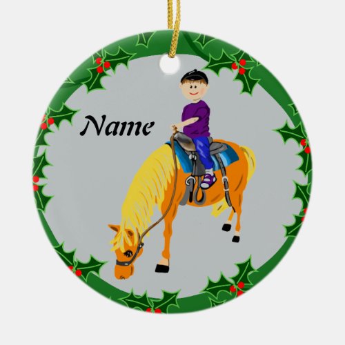 Personalizedcartoon boy on pony horse ceramic ornament