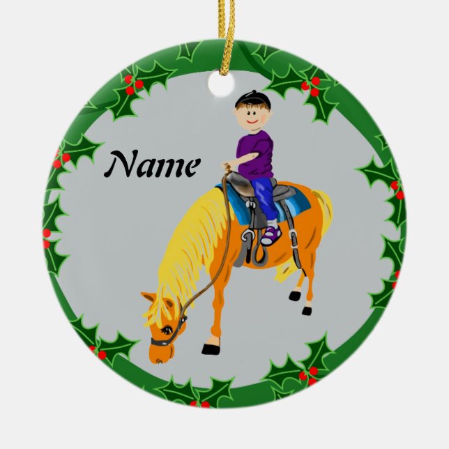 Personalizedcartoon boy on pony horse ceramic ornament (Front)